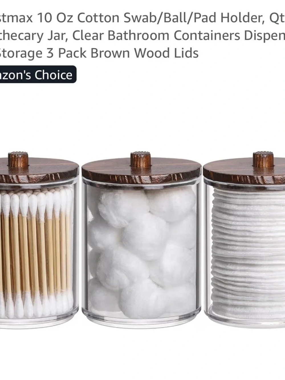 Set of 3 Tbestmax Clear Bathroom Canisters / Q-Tip Holders with Dark Wood Lids